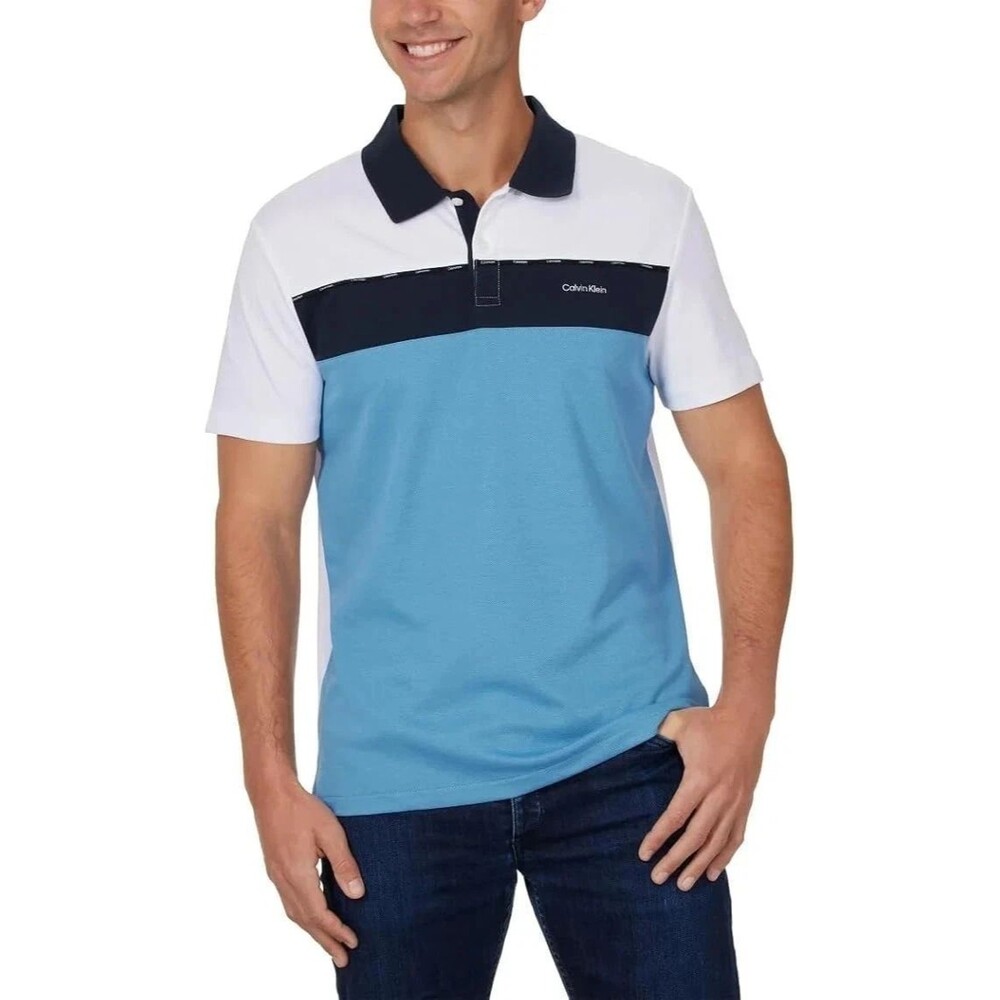 Calvin Klein Men’s Classic Fit Polo 2-Button Placket Shirt Blue/White XXL NEW
